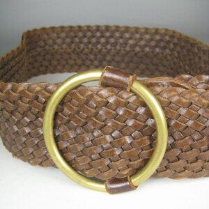 J M Davidson Belt Women Size S 32 In Brown Leather Wide Buckle Distressed Woven